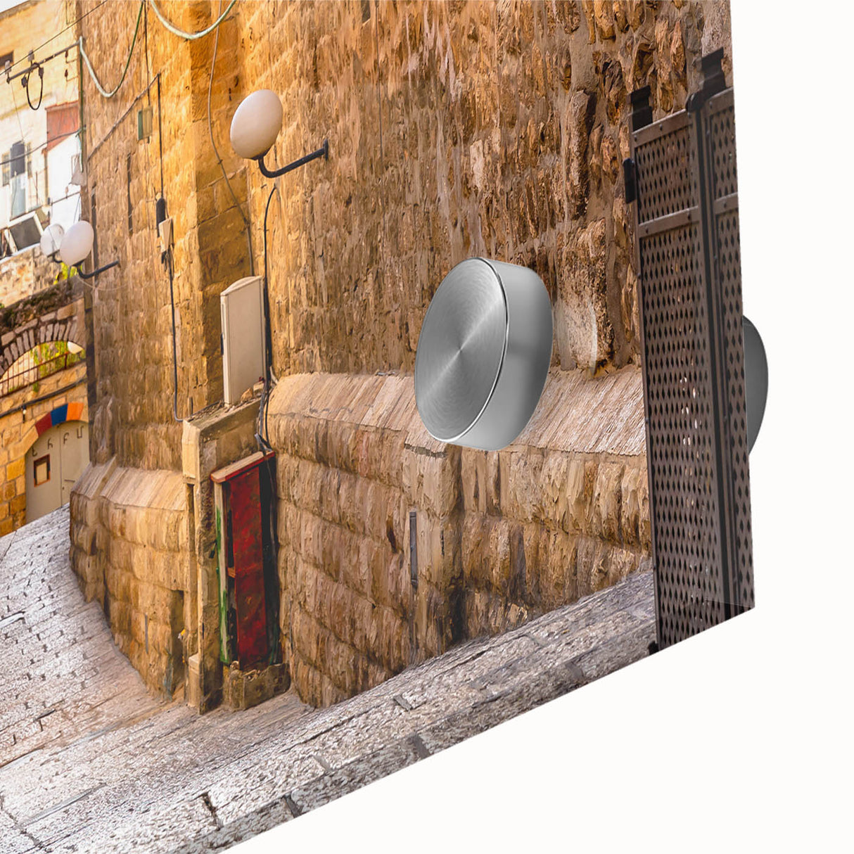 Large abstract depiction of Jerusalem in muted earth tones on acrylic glass.