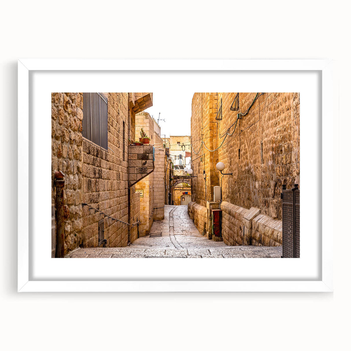 Abstract art print of Jerusalem skyline in muted earth tones on a framed white mat, suitable for dining room decor.