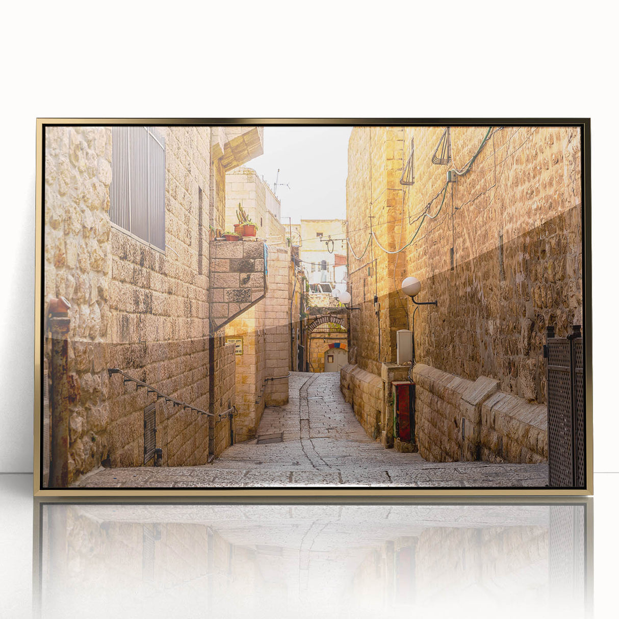 Acrylic print of Jerusalem skyline in gold tones, framed, mid-century modernist style, suitable for modern art wall decor.