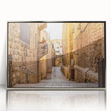 Mid-century modernist art of Jerusalem skyline in muted earth tones on a silver-framed acrylic print.