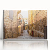 Framed acrylic print of Jerusalem skyline in muted earth tones, ideal for modern art wall decor in a nursery.