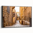 Black and white framed canvas of Jerusalem landscape, vintage poster style, ideal for bedroom decor.