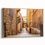 Framed canvas wall art depicting the Jerusalem skyline with vintage poster art style in black and gold tones.
