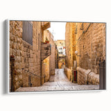Framed canvas of vintage poster art depicting Jerusalem skyline in colorful hues, ideal for living room decor.