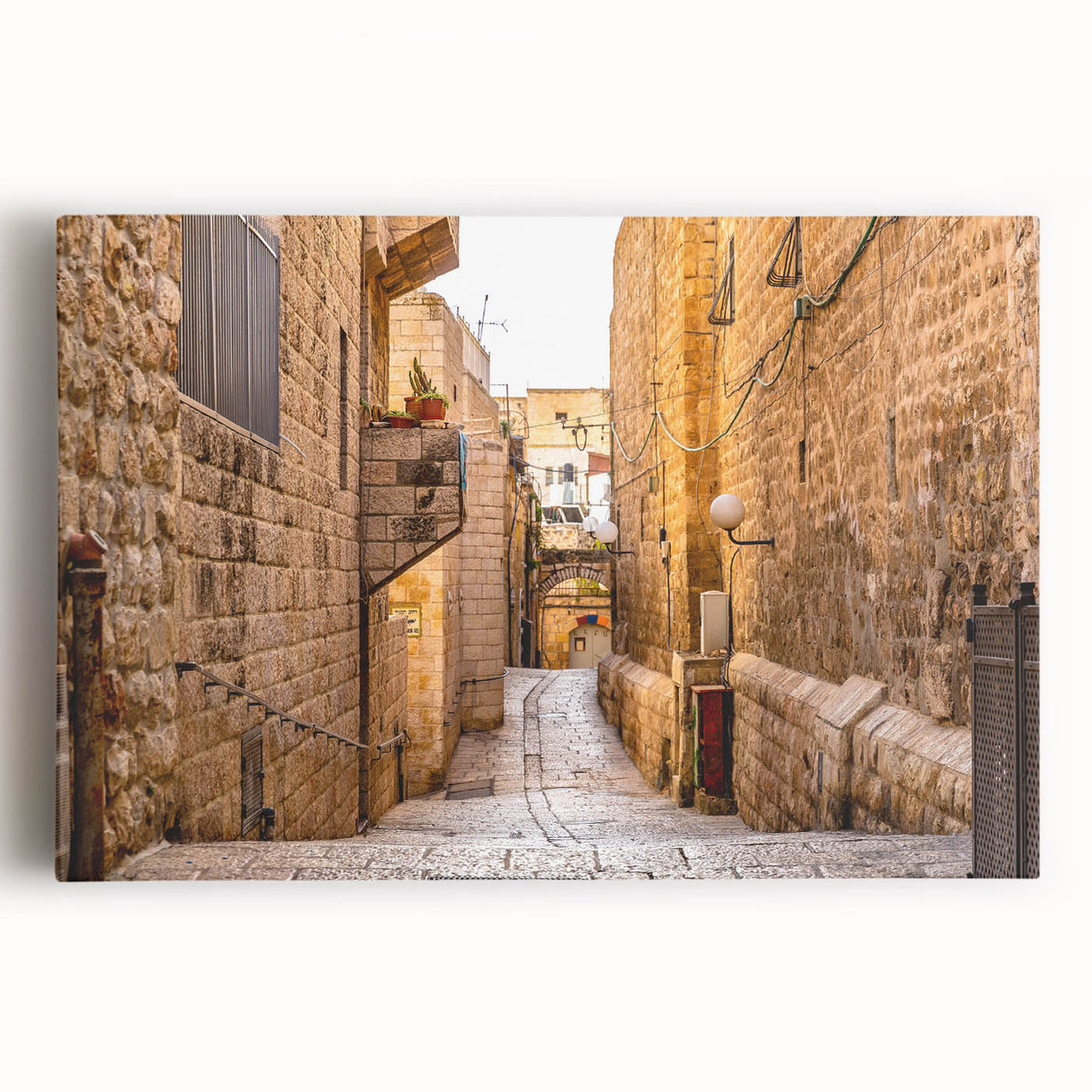Black and white stretched canvas of Jerusalem skyline, ideal for kitchen wall art.