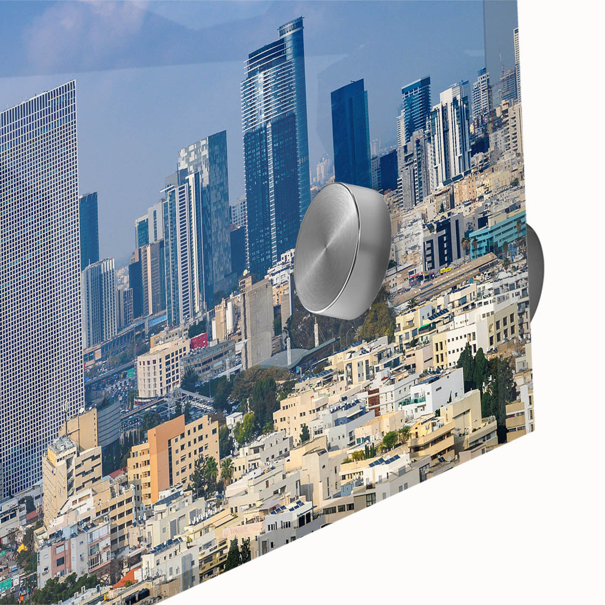Large abstract wall art of Tel Aviv skyline in muted gray and blue tones on acrylic glass, suitable for dining room art.