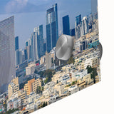 Large abstract wall art of Tel Aviv skyline in muted gray and blue tones on acrylic glass, suitable for dining room art.