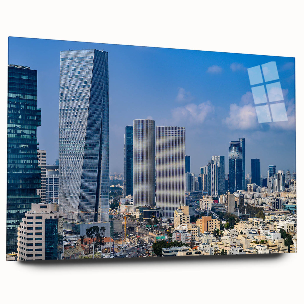 Large abstract wall art of Tel Aviv skyline in muted earth tones on acrylic glass, ideal for bedroom or dining room decor.