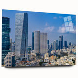 Large abstract wall art of Tel Aviv skyline in muted earth tones on acrylic glass, ideal for bedroom or dining room decor.