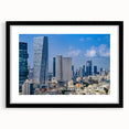 Extra large wall art featuring a colorful abstract depiction of Tel Aviv skyline, textured art print in a black frame.