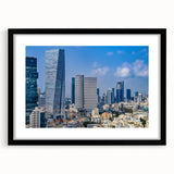 Extra large wall art featuring a colorful abstract depiction of Tel Aviv skyline, textured art print in a black frame.