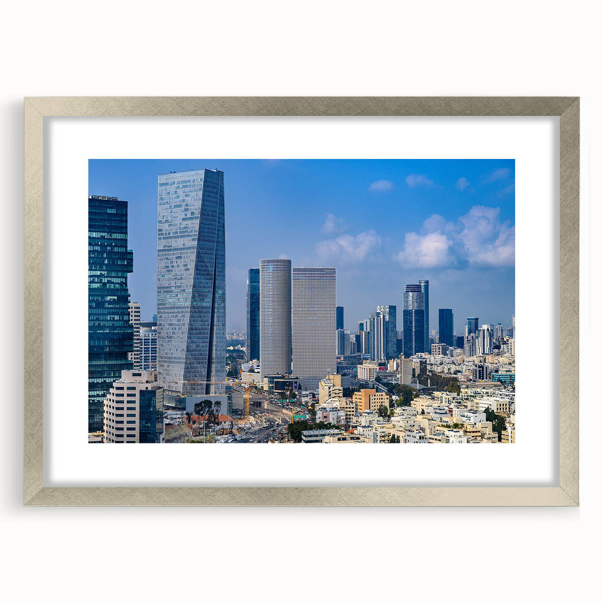 Abstract textured art print of Tel Aviv skyline in muted gray and silver, framed with mat, ideal for bedroom art.