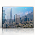 Large abstract wall art of Tel Aviv skyline in muted gray tones on a framed acrylic, suitable for modern art wall decor.