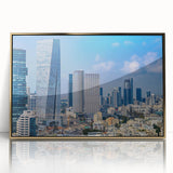 Mid-century modernist art of Tel Aviv skyline in gold and blue tones on framed acrylic, suitable for modern art wall decor.