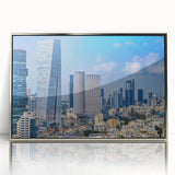 Mid-century modernist art of Tel Aviv skyline in muted silver and gray tones on acrylic framed print.