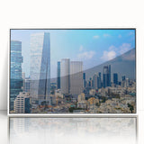 Art deco style poster of Tel Aviv skyline in muted pastel tones on white framed acrylic, ideal for modern nursery wall art.