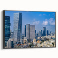 Black and white framed canvas of Tel Aviv landscape in vintage poster style, ideal for bedroom wall decor.
