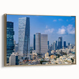 Framed canvas wall art of Tel Aviv landscape in muted gold and black tones, ideal for bedroom decor.