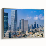 Framed canvas landscape art painting of Tel Aviv with a vintage poster style in colorful and black hues.