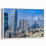 Vintage poster art of Tel Aviv skyline in colorful hues on a large framed canvas, suitable for living room decor.