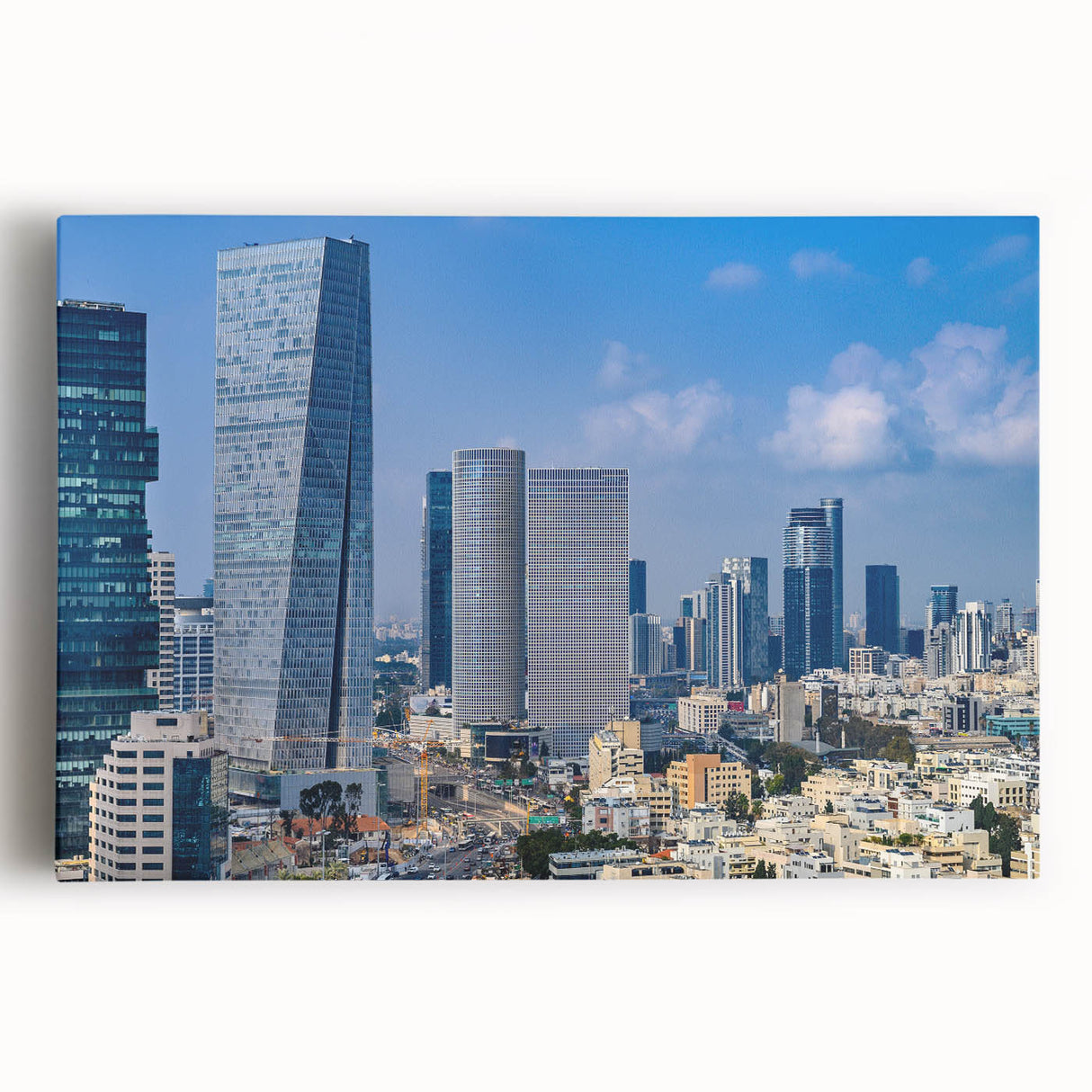 Black and white large art print of Tel Aviv skyline on stretched canvas, ideal for kitchen wall art.