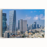 Black and white large art print of Tel Aviv skyline on stretched canvas, ideal for kitchen wall art.