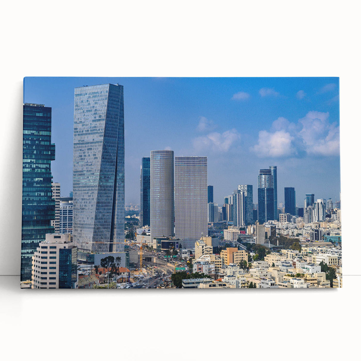 Black and white stretched canvas of Tel Aviv skyline, ideal for kitchen wall art or bedroom ambiance.