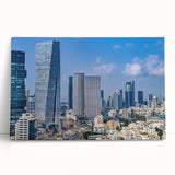 Black and white stretched canvas of Tel Aviv skyline, ideal for kitchen wall art or bedroom ambiance.