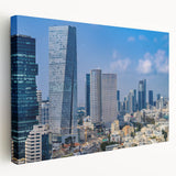 Tel Aviv cityscape on large stretched canvas with muted earth tones, suitable for kitchen wall art.