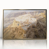 Framed acrylic print of a Middle Eastern landscape in gold and earth tones, ideal for modern art wall decor.