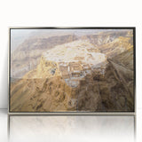 Mid-century modernist art depicting a serene Middle Eastern landscape in muted earth tones, framed in silver acrylic.