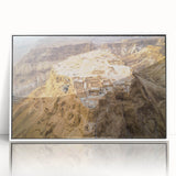 Acrylic print of a Middle-Eastern landscape in muted earth tones, framed in white, suitable for modern art wall decor.