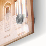 Large abstract wall art on acrylic glass depicting a Middle Eastern Oman scenery in muted earth tones.