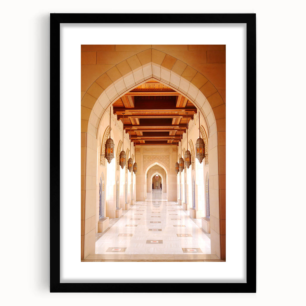 Extra large abstract art print of Middle Eastern scenery in vibrant colors on a textured canvas, framed with a black mat.