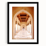 Extra large abstract art print of Middle Eastern scenery in vibrant colors on a textured canvas, framed with a black mat.