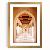 Extra large textured abstract art print of Middle Eastern scenery in a gold frame, ideal for living room decor.