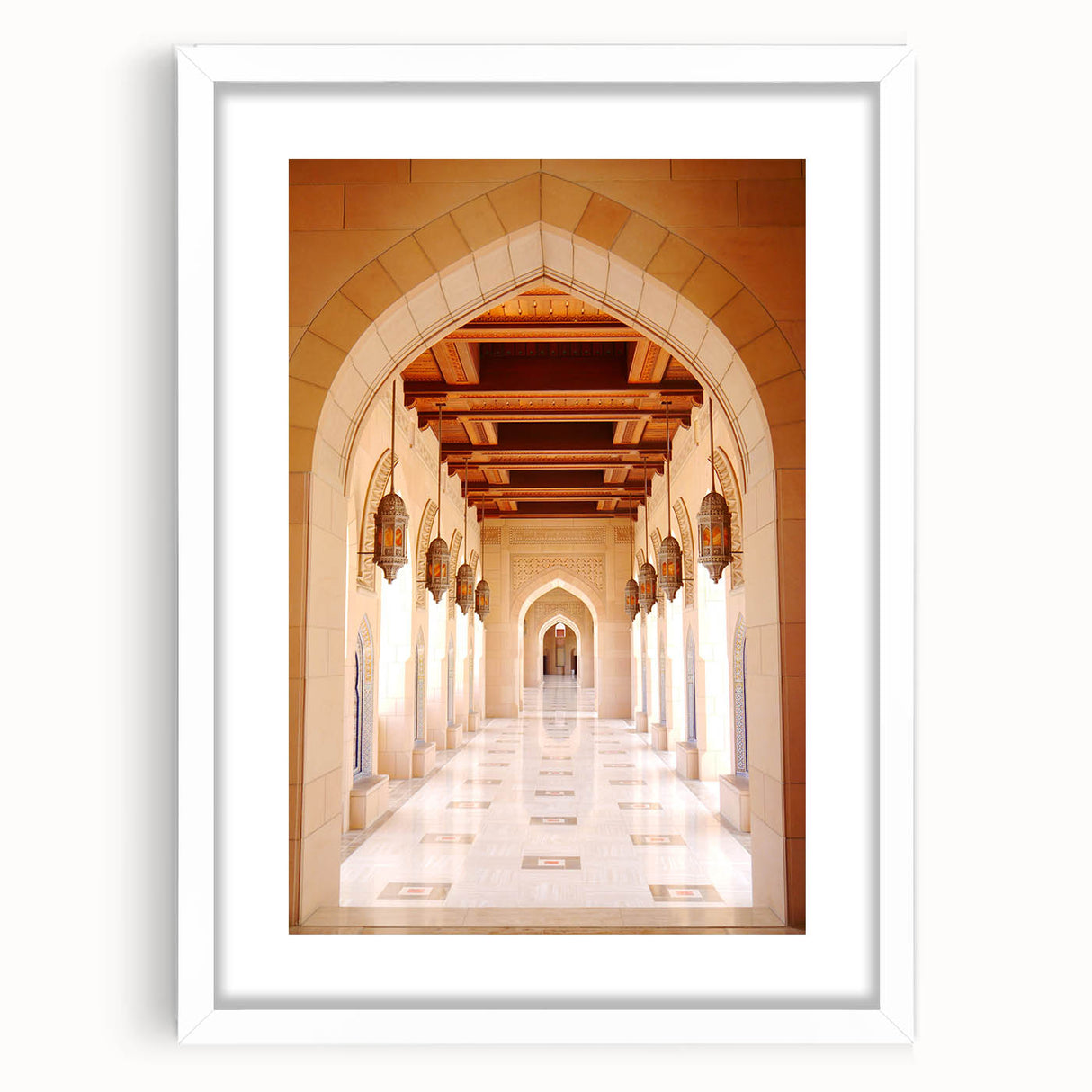 Abstract art print of Middle Eastern scenery in muted earth tones, framed with a white mat, ideal for dining room decor.