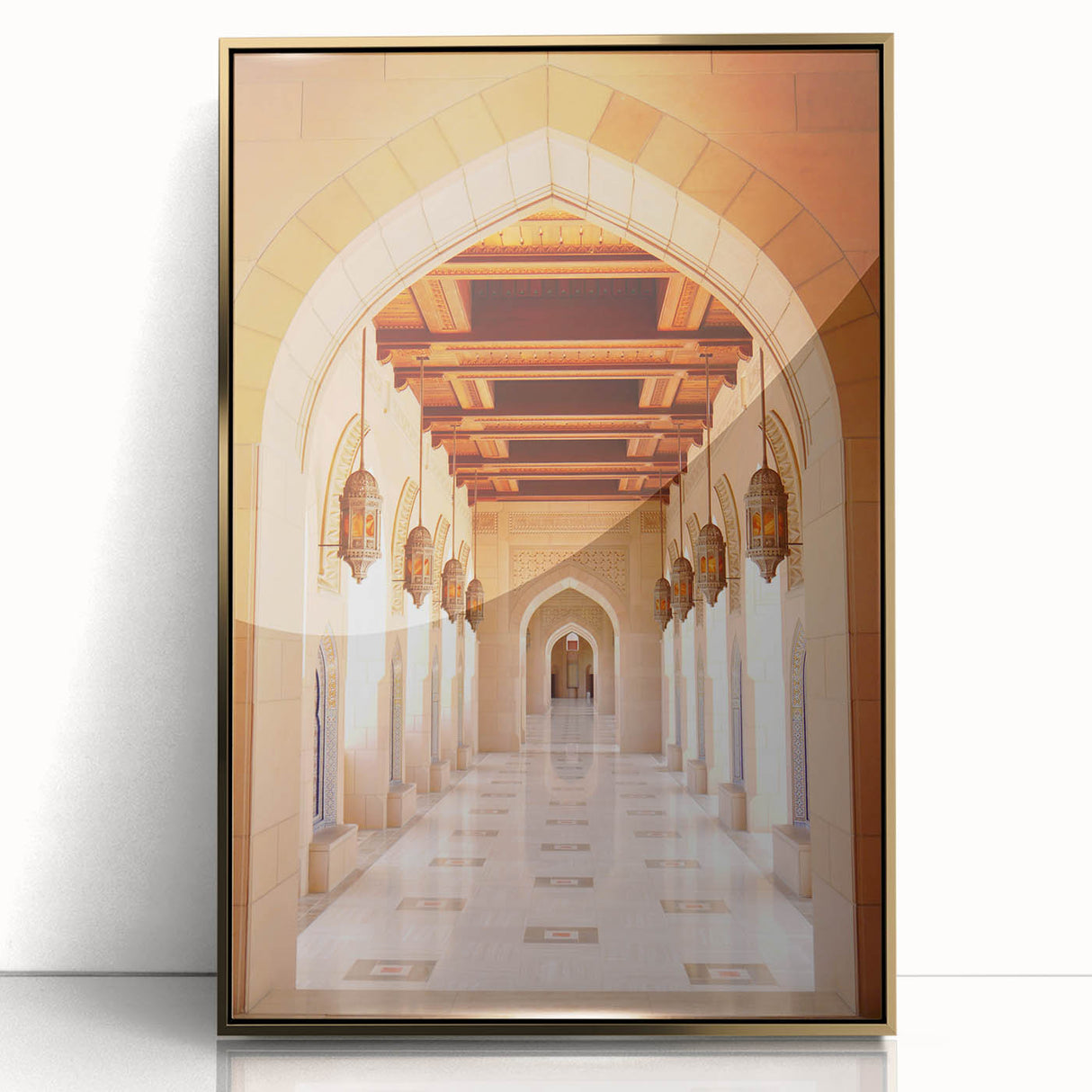 Framed acrylic print of an Omani landscape in gold and earth tones, ideal for modern art wall decor.