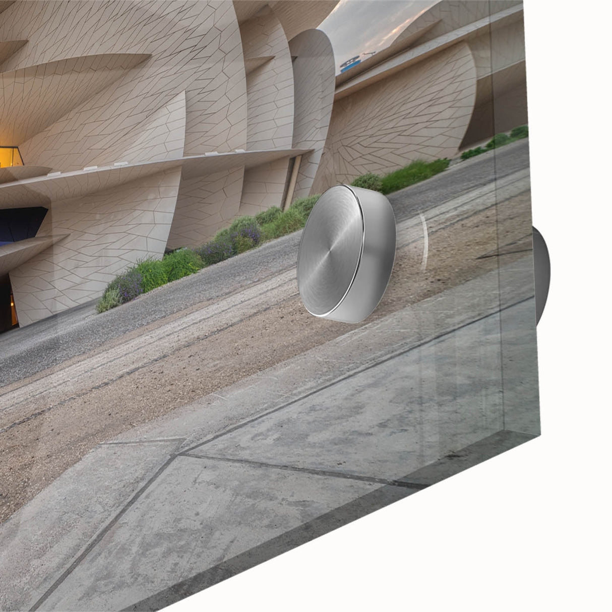 Large abstract wall art featuring a mid-century modernist Qatar skyline in muted earth tones on acrylic glass.