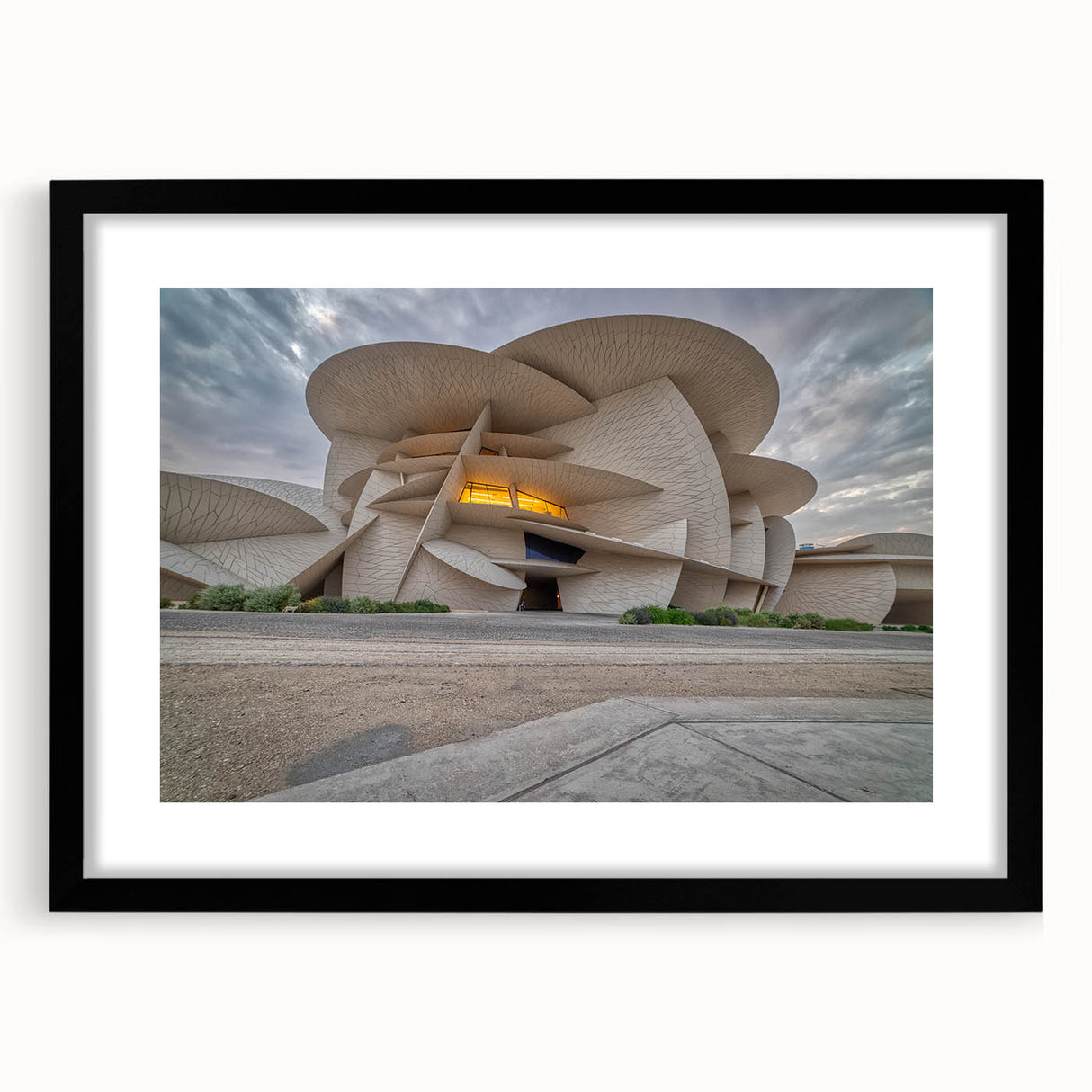 Extra large abstract art print of a colorful, textured Middle Eastern Qatar scenery on a black framed mat.