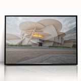 Large abstract wall art depicting a Middle Eastern Qatar scenery in black and white tones on a framed acrylic.