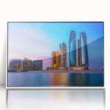 Art deco poster of Abu Dhabi skyline in muted grays and blues on a framed acrylic, ideal for modern art wall decor.
