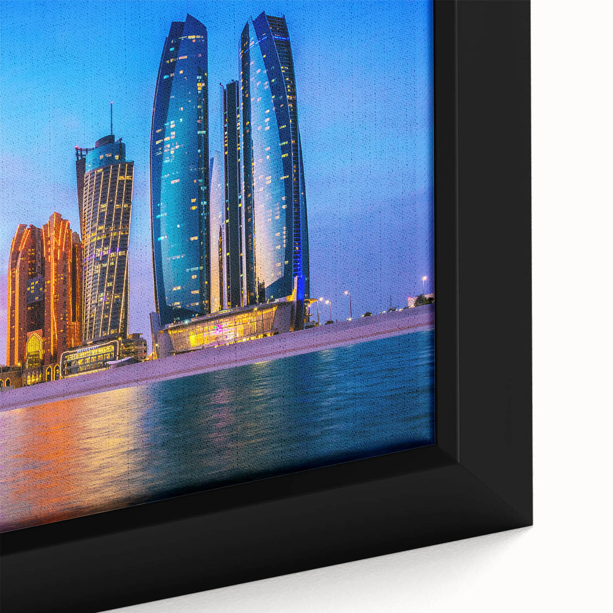 Extra large framed canvas of Abu Dhabi skyline in black with colorful, textured details, suitable for living room decor.