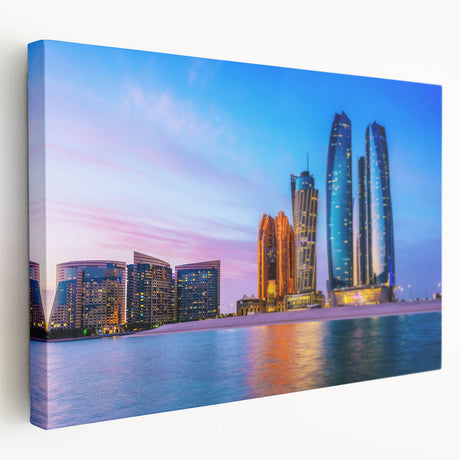 Large stretched canvas depicting the Abu Dhabi skyline in muted earth tones, suitable for kitchen wall art.