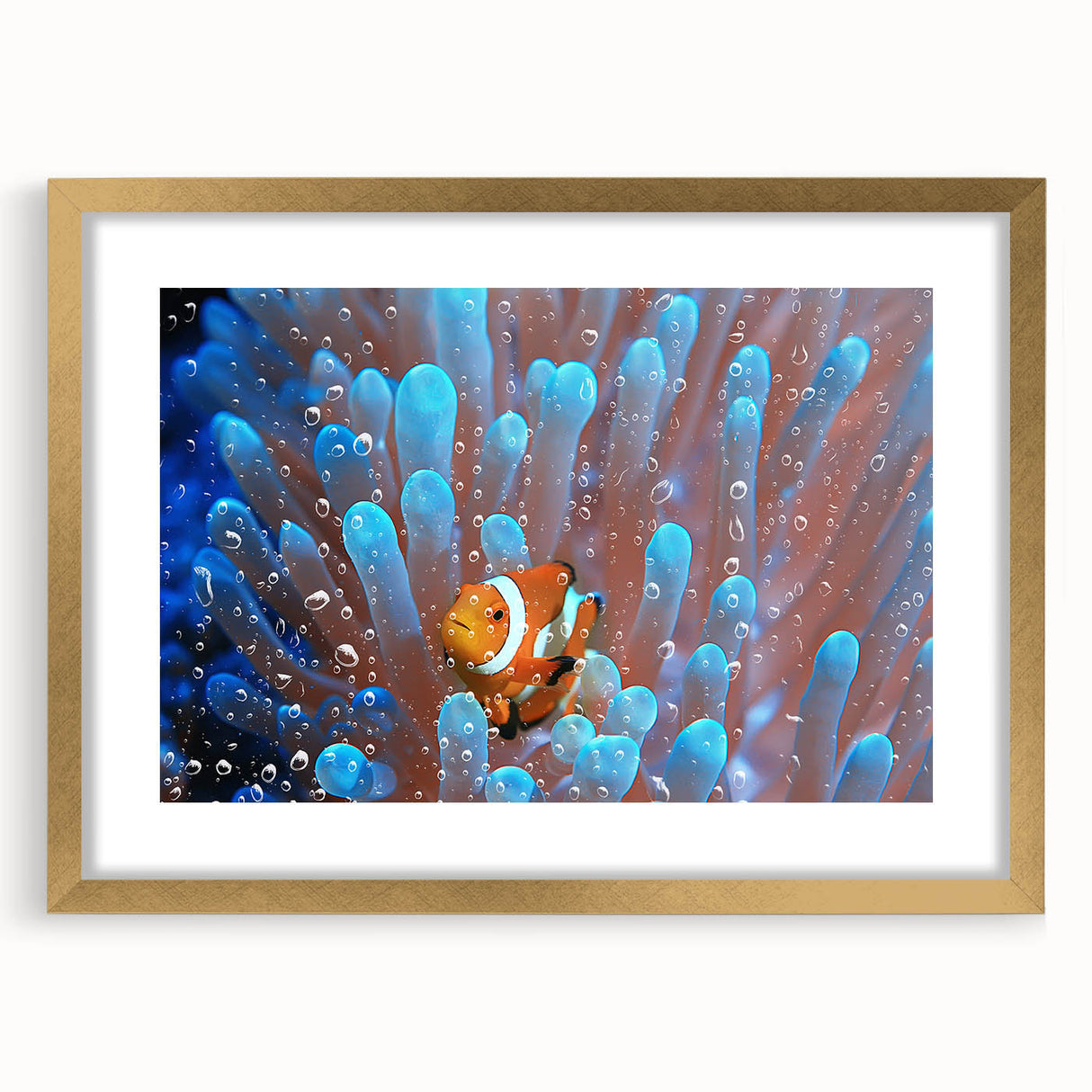 Extra large abstract art print depicting a textured ocean scene in blue and green hues, framed in gold.