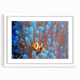 Abstract art print of a serene Fiji seascape in soft blue and white tones, framed with a white mat.