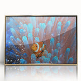 Mid-century modernist style large art print of a Fiji scenery in muted oceanic blues, framed in gold acrylic.