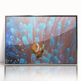 Mid-century modernist art depicting Oceania's Fiji scenery in muted blues and greens on a framed acrylic print.