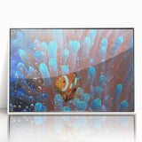 Art deco poster of a serene Fiji beach scene in soft blue and white tones, acrylic print framed in white.