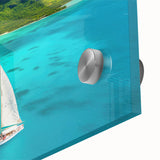 Large abstract wall art depicting the serene Bora Bora scenery in muted blue and green tones on acrylic glass.